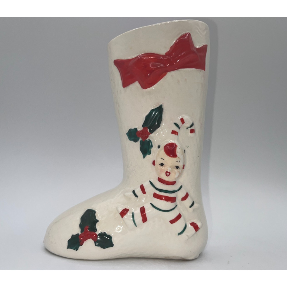 Vintage Ceramic Candy Cane Pixie Elf Christmas Boot Stocking Planter Vase Decor - Picture 1 of 16